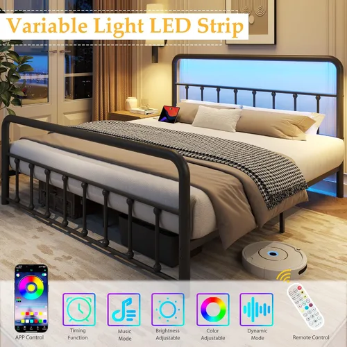 Miniatura 5 de Fluest Base de cama Queen con cabecero, estación de carga y luces LED, plataforma de metal con soporte de listones de acero, no necesita somier