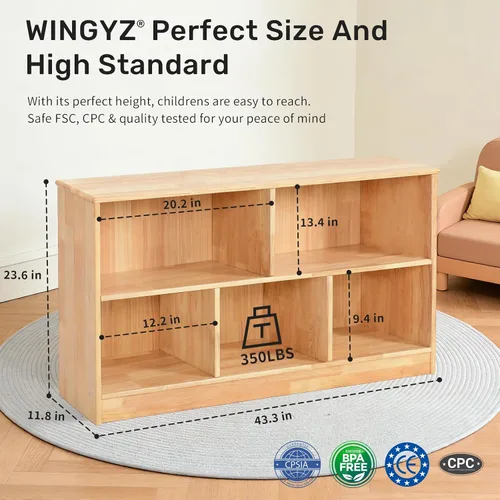 Miniatura 2 de wingyz Organizador de almacenamiento de madera, 35.5 pulgadas de largo, estante Montessori de 5 secciones para juguetes y libros, armario de madera