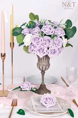 Miniatura 4 de N&T NIETING 25 unidades de flores artificiales, Rosas de espuma artificial de sensación real al tacto, decoración para boda, dama de honor, ramo
