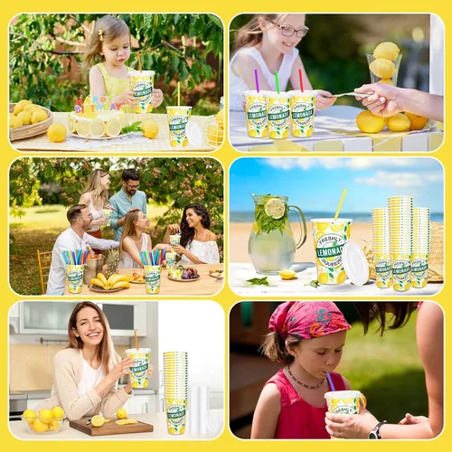 Miniatura 7 de Meanplan 300 piezas/100 juegos de vasos de limonada con tapas y pajitas, vasos desechables para fiestas, tazas de papel de limón, suministros