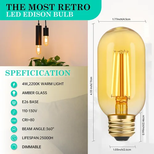 Miniatura 5 de AMDTU Bombillas LED Edison de 40 vatios equivalentes a 40 W, regulables, filamento recto, bombilla vintage E26 de 4 W, bombillas tubulares de vidrio