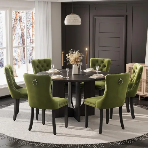 Miniatura 39 de Mesa de comedor redonda de 47 pulgadas para juego de mesa de cocina rústica de 6,7 piezas, mesa de comedor de granja, sillas negras de alta gama