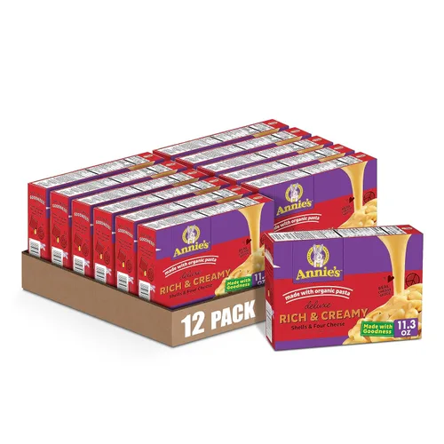 Annie's Macarrones y queso de lujo con pasta orgánica, conchas y cuatro quesos, 11.3 onzas (paquete de 12)