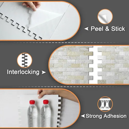Miniatura 7 de VAOVI Adhesivo de pared de ladrillo con aspecto de mármol para despegar y pegar, para salpicaduras en muro de cocina y baño (10 hojas, azul gris)
