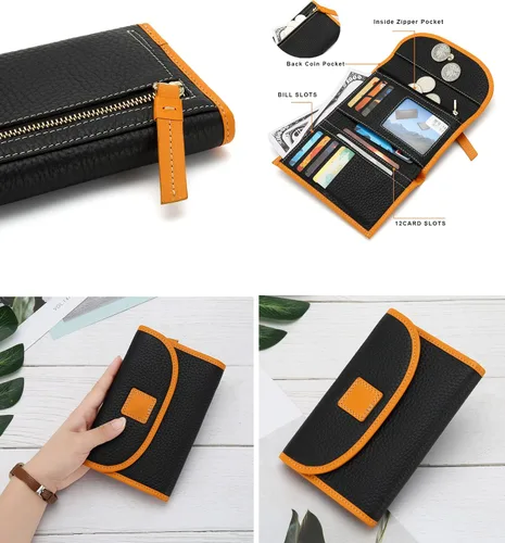 Miniatura 7 de Cartera de cuero genuino para mujer, con cierre de cremallera, monedero, monedero, gran capacidad, Negro -, Billetera triple