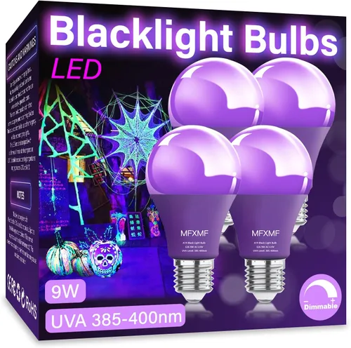 Paquete de 4 bombillas LED negras A19, 9 W (equivalente a 100 W), base E26 regulable, luces negras regulables, nivel UVA 385-400 NM, bombillas de