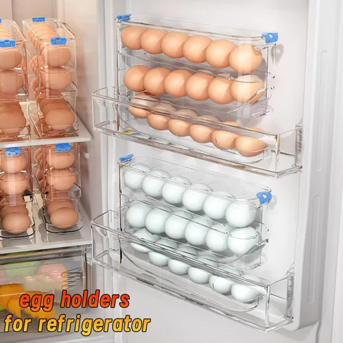 Miniatura 4 de Recipiente para huevos para refrigerador transparente apilable para almacenamiento y organización de cocina (marrón oscuro, 3 niveles)