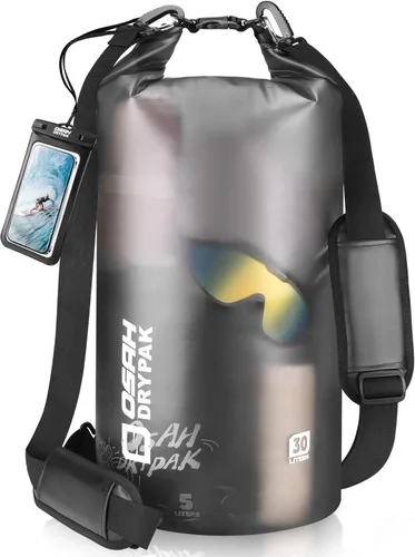 Miniatura 32 de Bolsa seca impermeable, 5L/10L/20L/30L/40L Mochila de almacenamiento ligera con funda para teléfono para mujeres y hombres, saco impermeable Gris