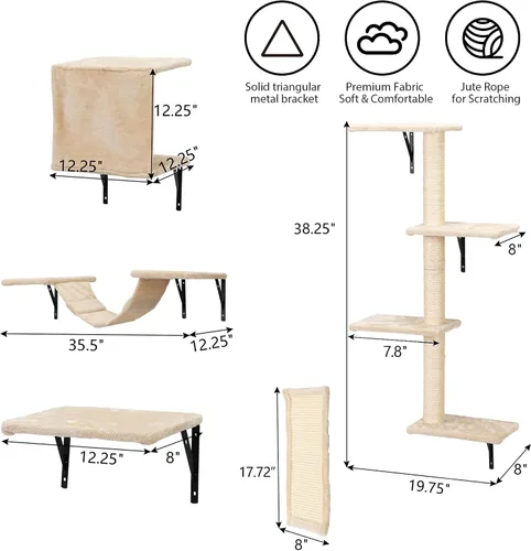 Miniatura 6 de COZIWOW Muebles para gatos montados en la pared, estantes y perchas de pared para gatos, estantes flotantes para gatos para pared, juego de 5 (beige)