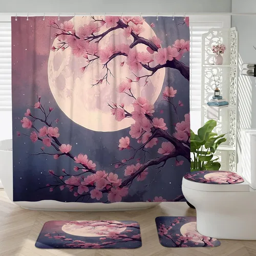 Miniatura 27 de Cortina de ducha japonesa Fuji Mountain de cerezo asiático, cortina de ducha con diseño de anime, decoración de baño, tela de poliéster, 62 x 72 Azul