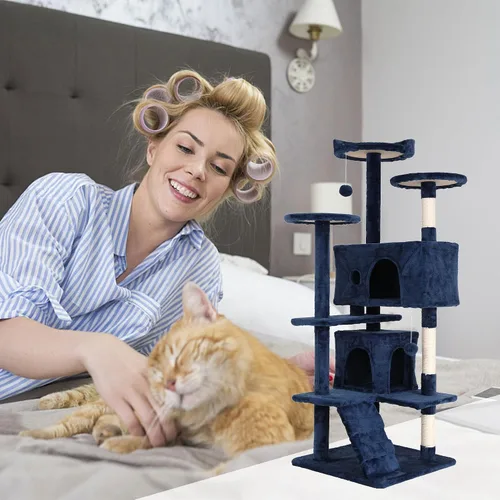 Miniatura 2 de Árbol para gatos, 54 pulgadas de alto con 3 postes rascadores, 3 plataformas, 2 condominios, para gatos de interior Azul marino