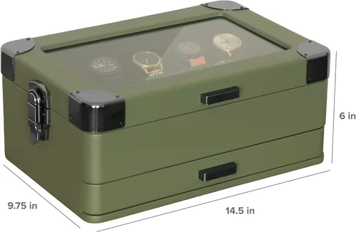 Miniatura 17 de CASE ELEGANCE Black Edition - Caja de reloj militar con 10 ranuras para hombres, parte superior de cristal real, bandeja modular de valet