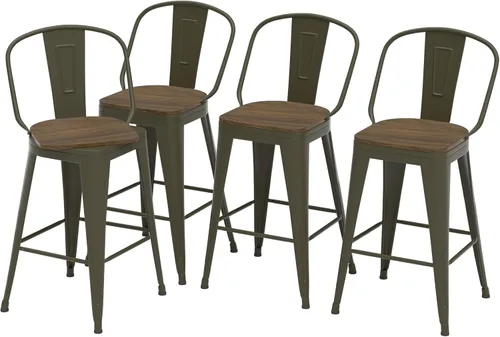 Miniatura 11 de Juego de 4 taburetes de bar giratorios de 24 pulgadas, taburetes de bar industriales con patas de metal resistentes, taburetes de bar con respaldo