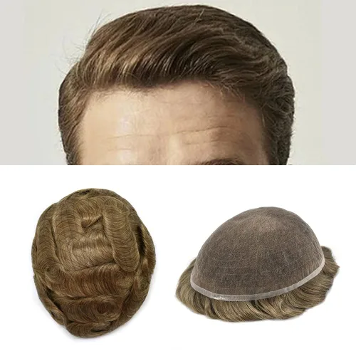Toupee para hombres sistema de cabello suizo encaje para hombre Toupee sistema de reemplazo de cabello humano nudo blanqueado para hombres postizo