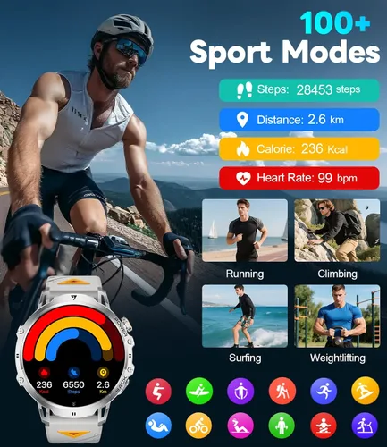 Miniatura 6 de Reloj inteligente militar para hombre, pantalla grande HD de 1.85 pulgadas, llamada Bluetooth, 1000 mAh, linterna, monitor de sueño de frecuencia
