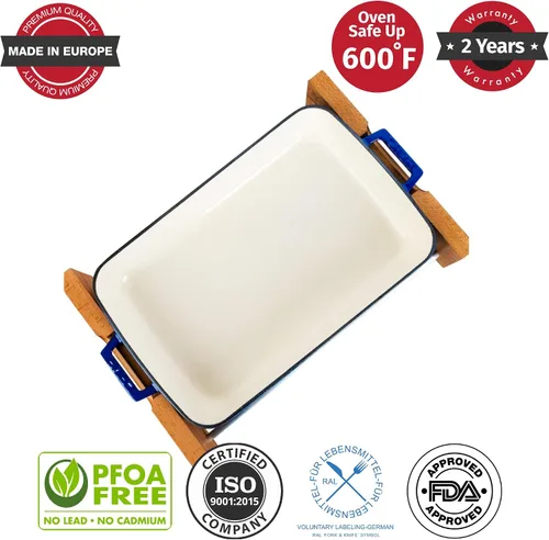 Miniatura 2 de Lava Cast Iron Sartén para lasaña, tres capas de hierro fundido esmaltado, bandeja para hornear con soporte de servicio, plato rectangular apto