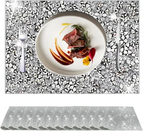 Miniatura 28 de Juego de 1 mantel individual redondo en negro, manteles individuales brillantes resistentes al calor, lavables, para cena, cocina, boda, decorativos
