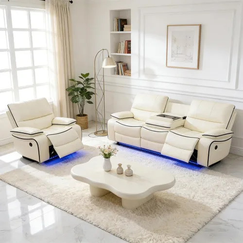 Miniatura 25 de Juego de sofá reclinable de cuero eléctrico con LED, juego de sala de estar de cuero, juego de sofá reclinable con puerto USB/soporte