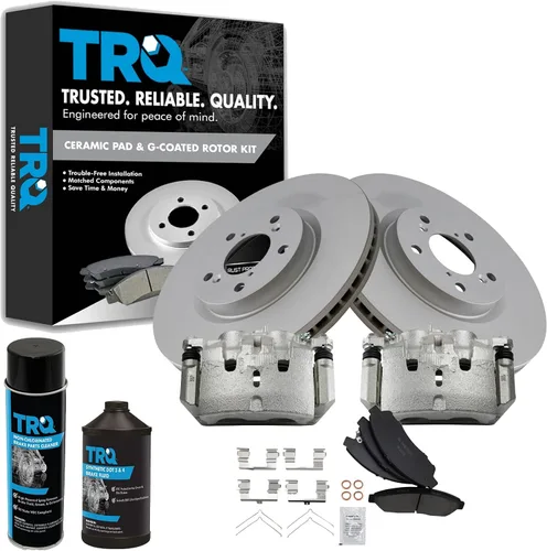TRQ Kit de pastillas de freno delantero y rotor, pinza de freno, kit químico, pastillas de freno, rotor de freno, cerámica premium, recubierto G,