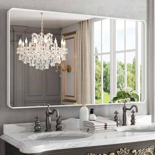 Miniatura 45 de WEER - Espejo de baño dorado, espejo de 40x32 pulgadas con marco de metal dorado cepillado, espejo de tocador de baño de oro para pared