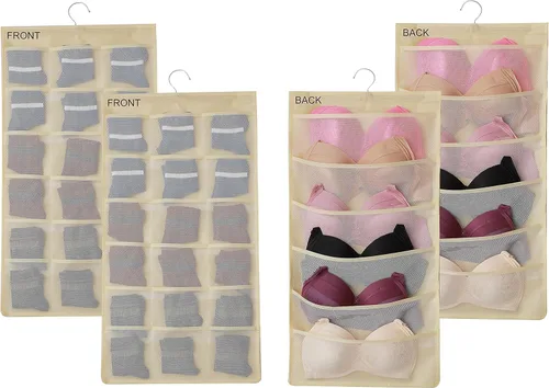 Miniatura 7 de Organizador de armario de doble cara con bolsillos de malla para colgar, para ropa interior, brasier, calcetines, accesorios con percha, total de 24
