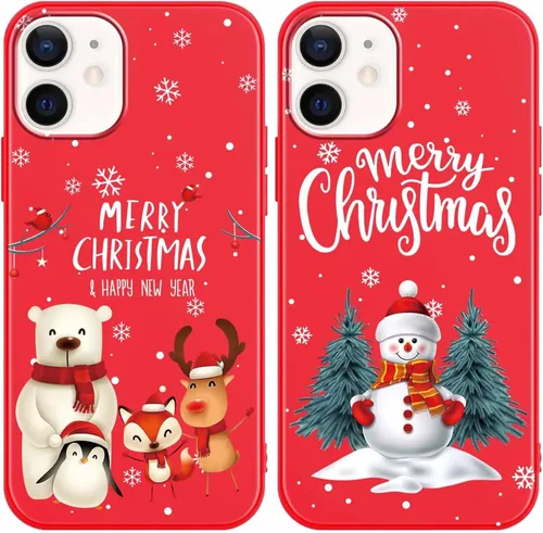 Miniatura 24 de Paquete de 2 bonitas fundas de Navidad para iPhone de 13/14 pulgadas, diseño de muñeco de nieve rojo, diseño de animales de Feliz Navidad, silicona