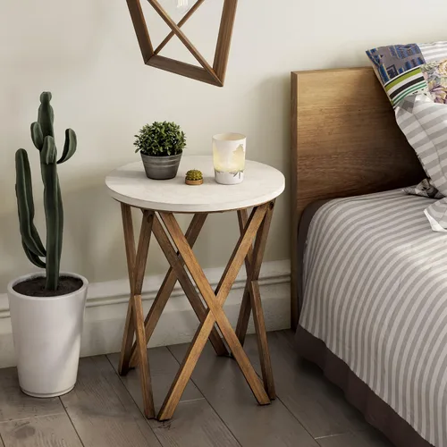 Miniatura 5 de COZAYH Mesa auxiliar con pedestal de granja, parte superior blanca envejecida con base de 4 patas para casa de campo moderna, decoración bohemia