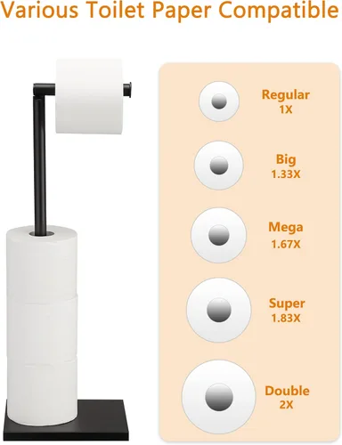 Miniatura 2 de Soporte de papel higiénico independiente para el baño con reserva, soporte de rollo de papel higiénico de acero inoxidable, pedestal negro DECLUTTR
