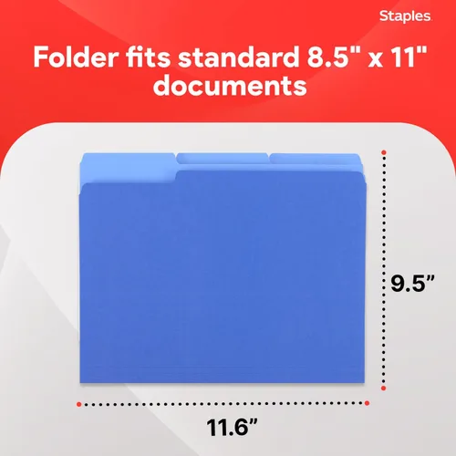 Miniatura 3 de Staples Carpetas de archivos, tamaño carta, pestañas superiores de corte 1/3, azul, papel duradero de 10.5 puntos, paquete de 100