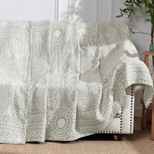 Miniatura 10 de jinchan Manta de muselina boho de 100% algodón, tamaño individual, 60x80 pulgadas, ligera, de 3 capas, diseño geométrico cruzado, reversible, colcha