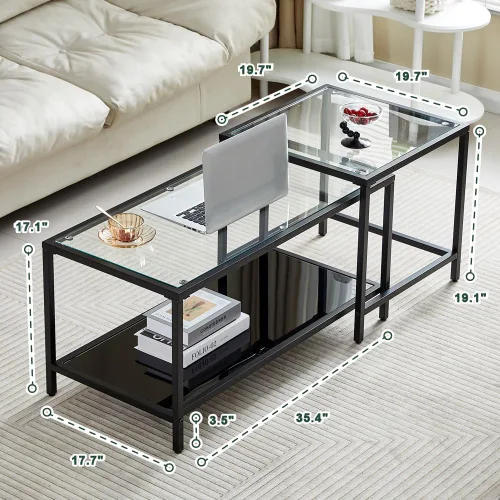 Miniatura 2 de Mesa de centro de cristal de metal negro, mesa de centro simple para sala de estar, hogar, mesa de centro con marco de metal con 2 estantes, mesa