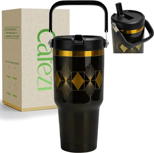 Miniatura 34 de Vaso de 30 onzas con tapa y pajita, vasos de acero inoxidable con aislamiento al vacío con pajita plegable y asa superior, botella de agua aislada