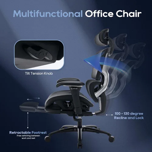 Miniatura 6 de COLAMY Silla de oficina ergonómica de malla con reposapiés, silla ejecutiva de escritorio de computadora con respaldo alto y reposacabezas anchos