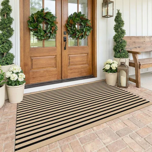 Miniatura 43 de KOZYFLY Alfombra a rayas blancas y negras de 2 x 3 pies, tejido de algodón, lavable, para interiores y exteriores, alfombra pequeña para puerta