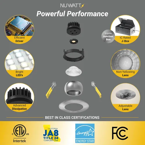 Miniatura 4 de NUWATT Foco empotrable con cardán LED de 3 pulgadas, paquete de 4, luz LED todo en 1 sin lata con 5 interruptores de color CCT 2700K - 5000K, 8W