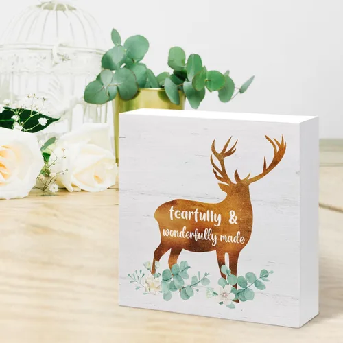 Miniatura 6 de Fearfully and Wonderfully Made - Letrero de madera cristiana para escritorio, decoración de escritorio de ciervos del bosque, caja de madera, placa