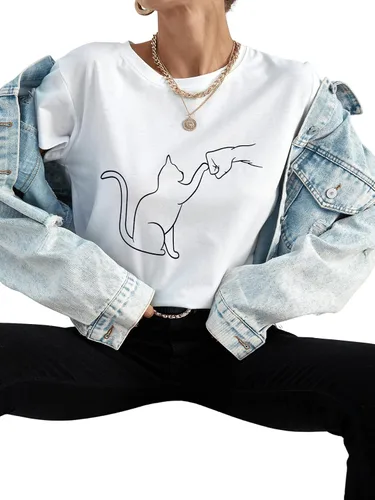 Miniatura 3 de SweatyRocks Camiseta básica de manga corta con estampado de gato y cuello redondo para mujer