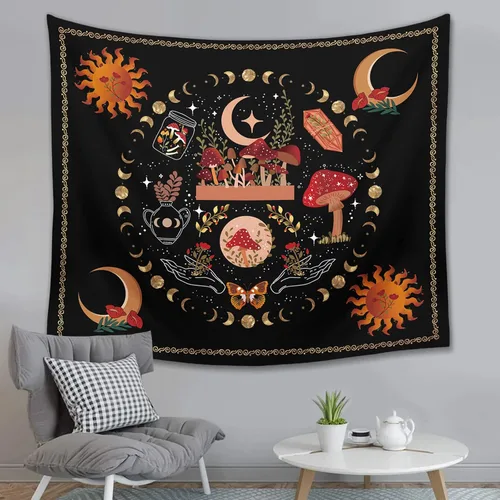 Miniatura 5 de Ftuency Tapiz de hongos y plantas naturales, tapices de fase lunar, decoración de flores estéticas para colgar en la pared para dormitorio, hogar