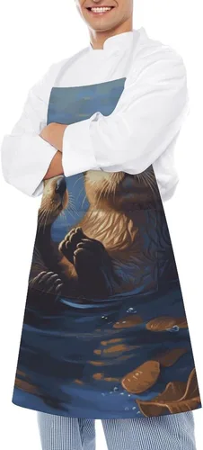 Miniatura 4 de MUSM Sea Otters Painting Apron，Classic Vintage Funny with Pockets Aprons,Adjustable Bib Waterdrop Resistant for Kitchen Cooking Restaurant BBQ