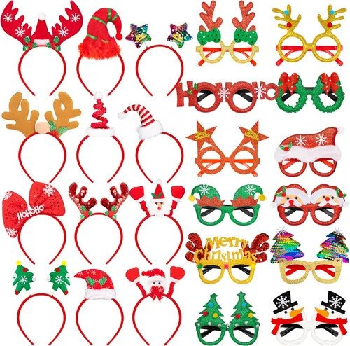 Miniatura 9 de Juego de 24 diademas de Navidad y marcos de gafas, recuerdos de fiesta de Navidad, lindo juego de anteojos con sombrero de Papá Noel, muñeco