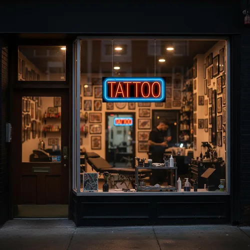 Miniatura 2 de Letrero de neón de tatuaje con borde, tamaño grande, 32 pulgadas de ancho x 13 pulgadas de alto, letras rojas con un borde exterior azul, tubo