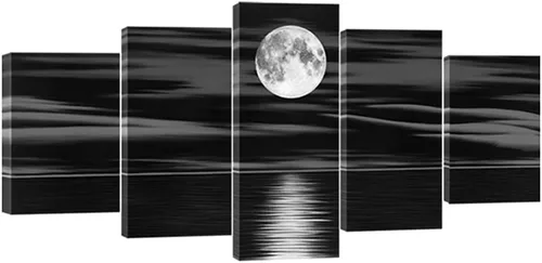 Wieco Art Lienzo impreso con diseño de luna llena en la noche, diseño de playa en blanco y negro para sala de estar, dormitorio, cocina, decoración