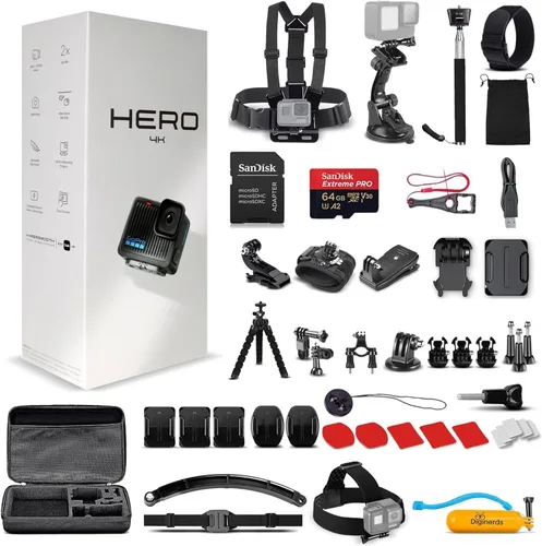 GoPro Hero (Go Pro Hero) Black Compact - Cámara de acción impermeable con video 4K Ultra HD, fotos de 12 MP, estabilización + kit de accesorios 50