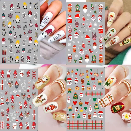 Miniatura 4 de Calcomanías de uñas – Navidad 3D, calcomanías autoadhesivas para uñas, patrón multicolor, 10 hojas, para arte de uñas