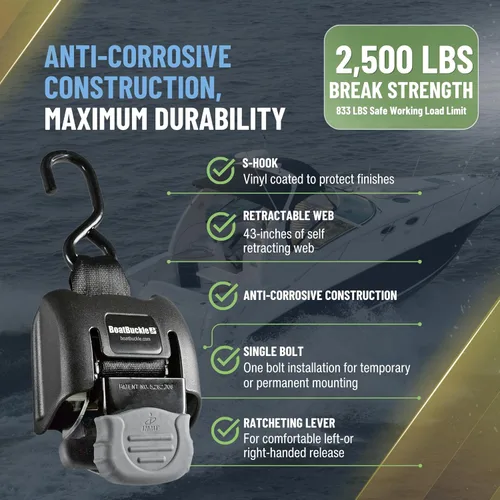 Miniatura 3 de BoatBuckle G2 Correas de amarre para popa de barco a remolque 2x43 pulgadas, 1134 kg de resistencia a la rotura, correas de trinquete retráctiles