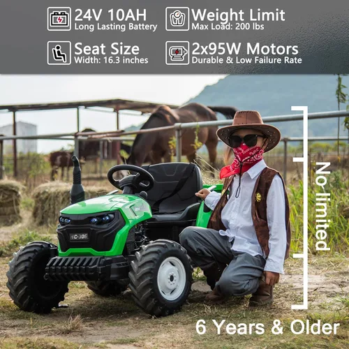 Miniatura 2 de sopbost Tractor de Juguete de 24V 10Ah para Niños Grandes 6+ 2WD con Remolque Eléctrico, Control Remoto, Ruedas EVA Extra Grandes, Capacidad de Verde