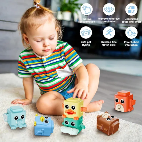 Miniatura 6 de Juego de Juguetes Apilables para Niños de 18+ Meses, 6 en 1 Juguetes Sensoriales Infantiles con Expresiones Cambiantes, Bloques Apilables