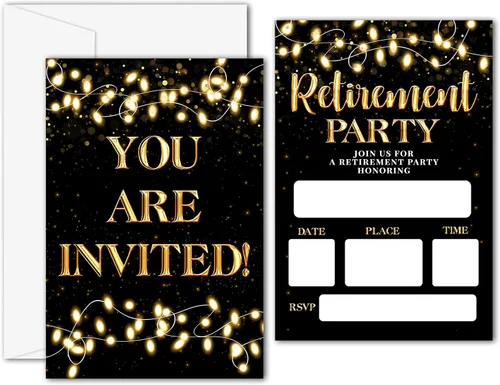 Invitaciones para fiestas de jubilación, tarjetas de invitación de jubilación negras y doradas para hombres, mujeres, enfermeras, profesores,
