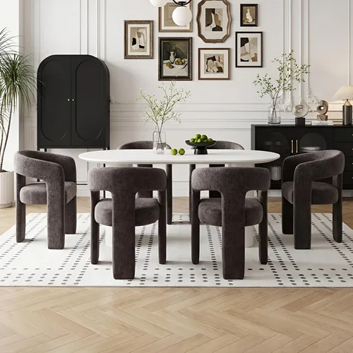 Miniatura 11 de Silla de Comedor Moderna de Chenilla Tipo Barril Tapizada en Tela, Silla de Comedor con Brazo, Cómoda Silla Auxiliar de Acento para Cocina/Sala