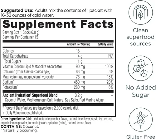 Miniatura 2 de Ancient Nutrition Polvo de hidratación rápida, lima limón, electrolitos de sales marinas naturales y algas marinas rojas, apoya la hidratación
